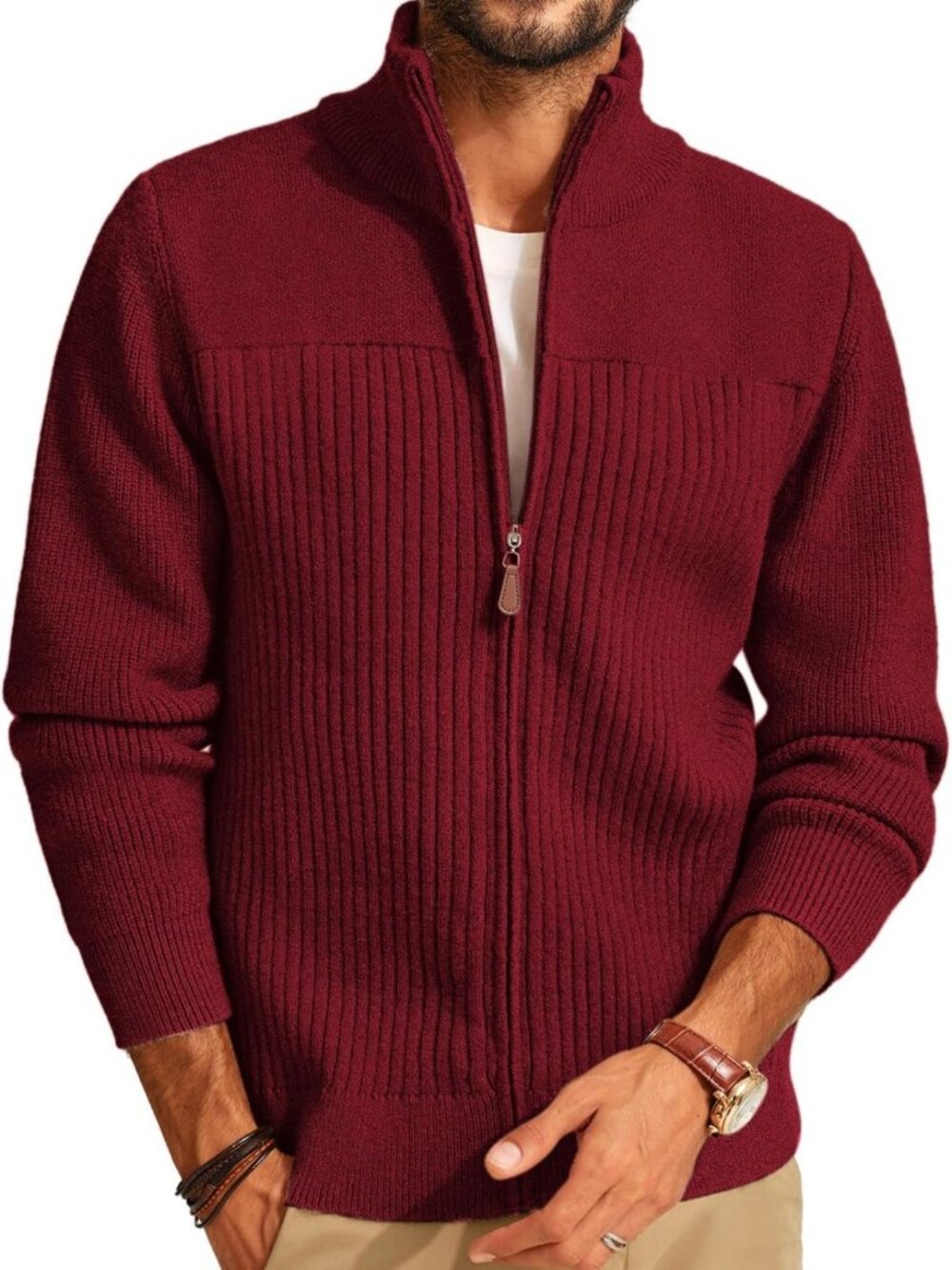 Men's Ribbed Knit Full Zip Cardigan Sweater - Stylish & Cozy Layering Essential